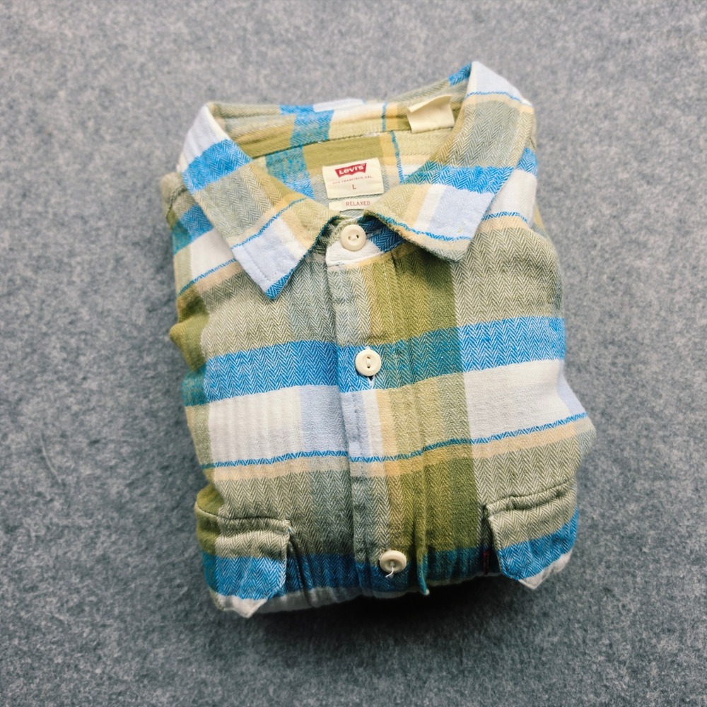 Levis Relaxed Fit Flannel Shirt Mens L Green Blue Plaid Long Sleeve Button Up - Picture 8 of 12